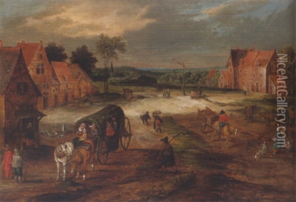 Landscape With A Covered Wagon And Other Figures In A Village Street Oil Painting - Jan Brueghel the Elder