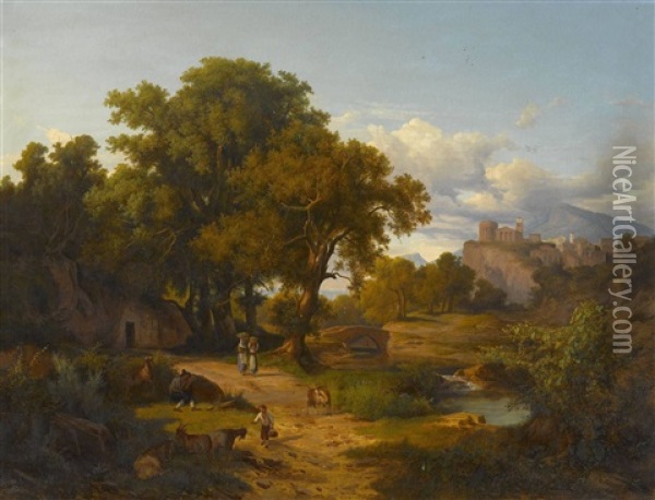 Ideale Italienische Landschaft Mit Bauerlicher Figurenstaffage (after Karoly Markos The Elder) Oil Painting - Andras Marko