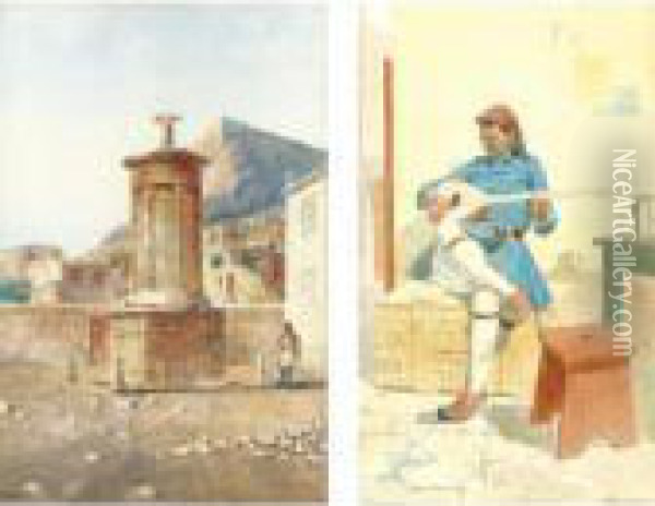 The Lyssicrates Monument & A Greek Musician Oil Painting - Emilios Prosalentis