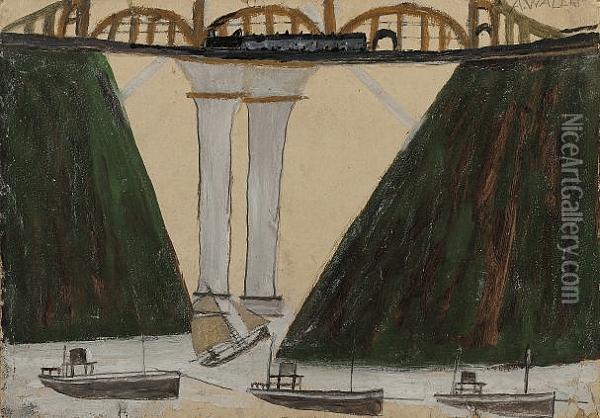 Boats Passing Beneath A Railway Bridge Oil Painting - Alfred Wallis