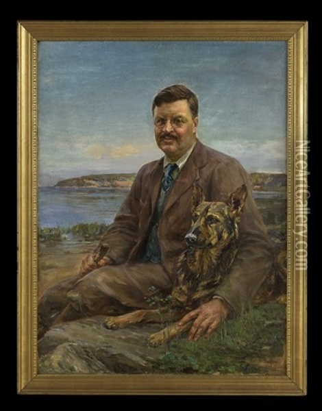 Portrait Of A Gentleman With His German Shepherd Oil Painting - Robert Wadsworth Grafton
