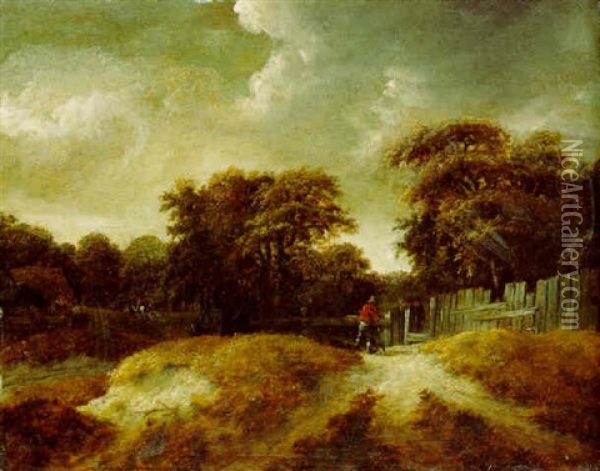 A Wooded Landscape With Peasants At A Gate Oil Painting - Salomon Rombouts