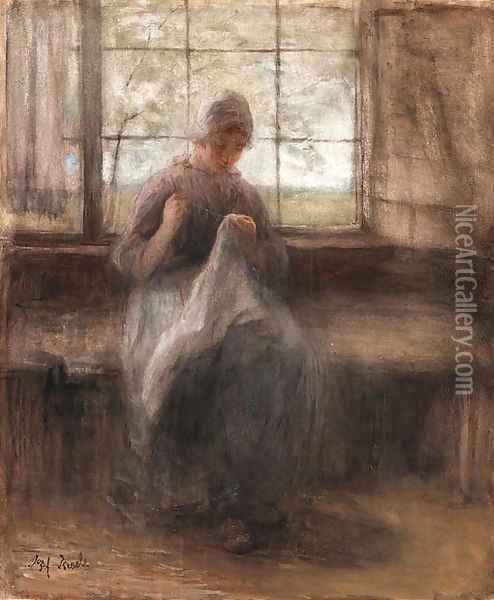 Girl sewing by a window Oil Painting - Jozef Israels
