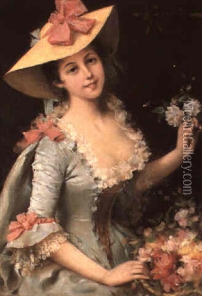 Flower Girl Oil Painting - Adriano Cecchi