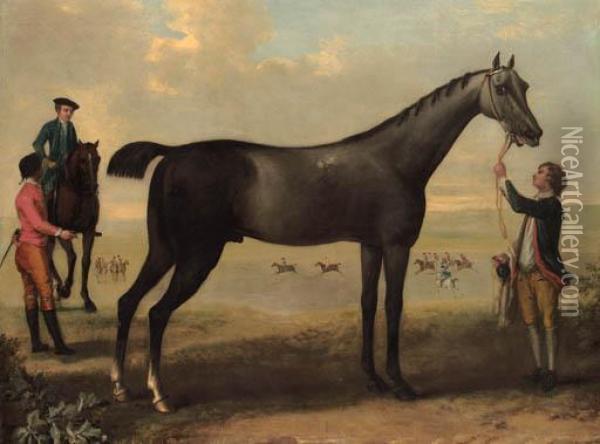 Childers, A Dark Bay Racehorse 
Held By A Groom, With A Horse Andrider And Jockey Beside Him, In An 
Extensive Landscape. Oil Painting - John Wootton