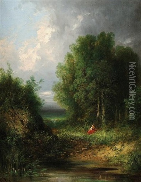 Reverie Au Bord Du Lac Oil Painting - Gabriel Hippolyte Le Bas