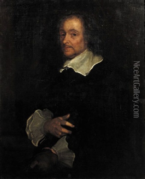 Portrait Of A Gentleman, Wearing Black Costume With Lace Collar And Cuffs Oil Painting - Lucas Franchoys the Younger
