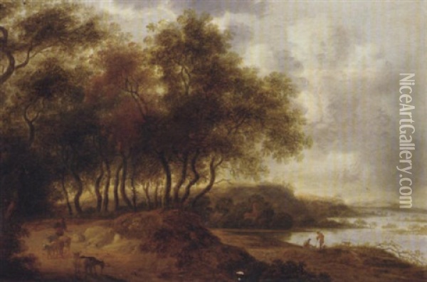 A Wooded River Landscape With A Goatherd On A Path Oil Painting - Pieter de Neyn