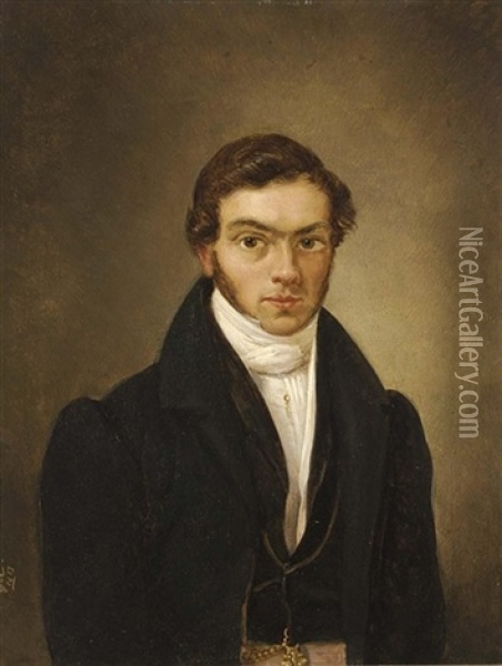 A Portrait Of A Young Man, Wearing A Black Costume With White Collar Oil Painting - Johan Hendrik Meyer