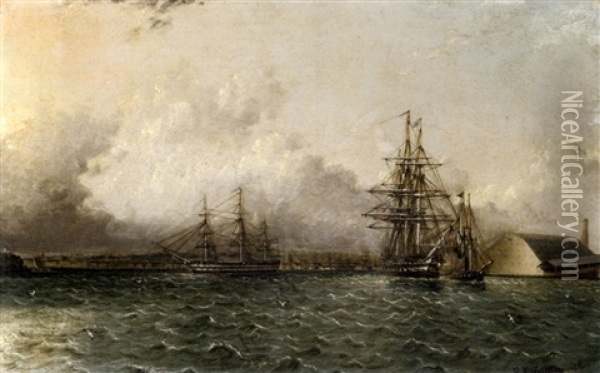An American 74 Gun Ship In Two Positions Being Towed Off The Chapman's Dock And The Old Brooklyn Navy Yard, East River, New York Oil Painting - James Edward Buttersworth