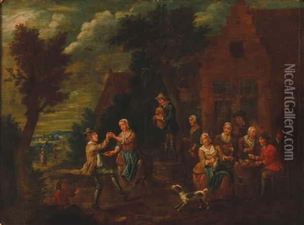 Merriment Outside A Tavern Oil Painting - Lambert de Hondt