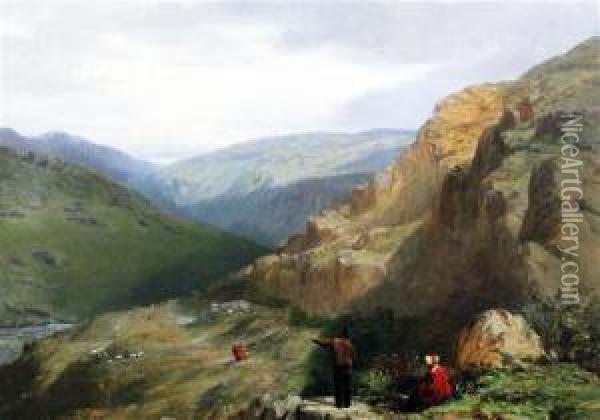 Travellers In A Mountain Landscape Oil Painting - James Poole