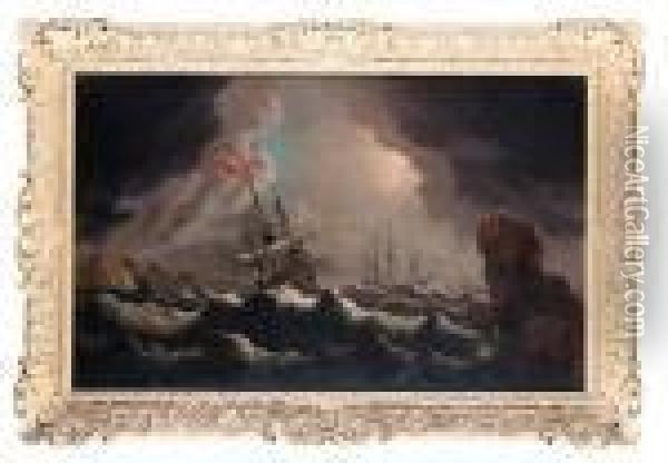 Shipping In A Stormy Sea Off A Rocky Coast Oil Painting - Bonaventura, the Elder Peeters