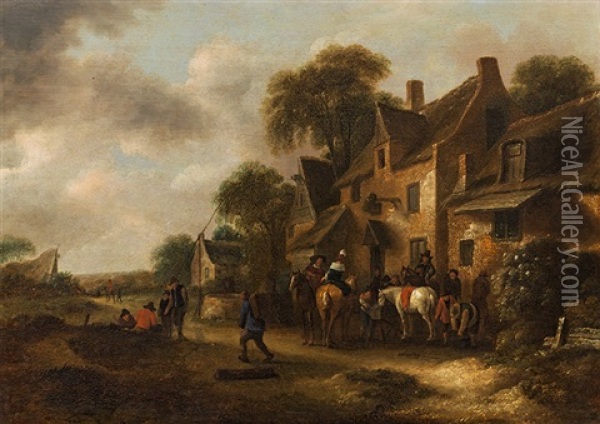 Resting Horses In Front Of A Farmstead Oil Painting - Nicolaes Molenaer