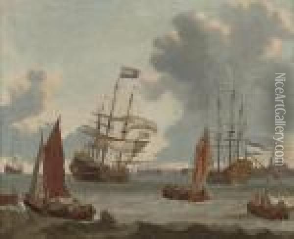 A Dutch Man-'o-war And Other Vessels Off The Coast Oil Painting - Abraham Storck