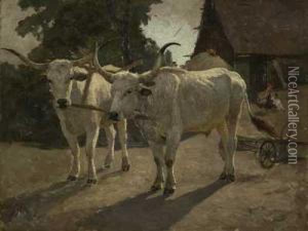 Zwei Langhornrinder Vor Bauernhaus Mit Huhnern Oil Painting - Julius Hugo Bergmann