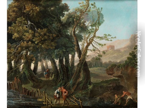 Baumlandschaft Mit Figurenstaffage Oil Painting - Charles-Louis Clerisseau