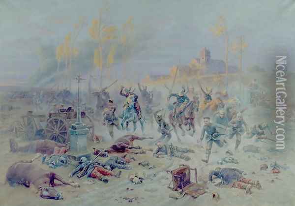 The Charge of French Soldiers at the Battle of the Marne, 8th or 9th September 1914, 1915 Oil Painting - Eugene Chaperon