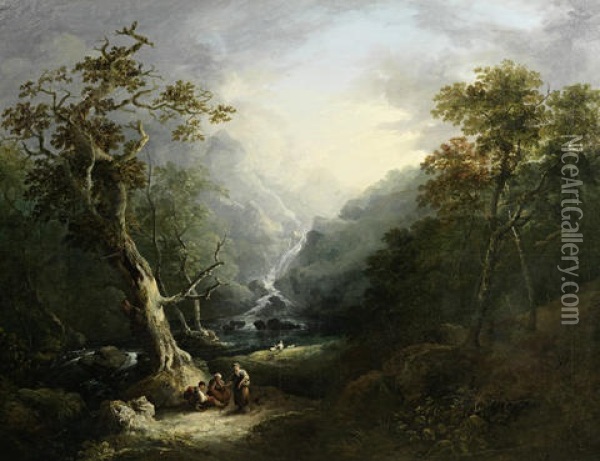 A Wooded Landscape With Travellers Resting Before A Waterfall Oil Painting - George Barret