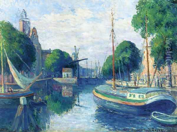 Barges on a Canal at Rotterdam Oil Painting - Maximilien Luce