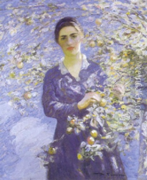 Jeune Femme A Cote D'un Arbre Fruitier Oil Painting - Amedee Elie Servin