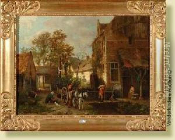 La Cour Du Moulin Animee Oil Painting - H. Van Hagendoren