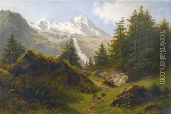 Gebirgslandschaft Mit Hirt Und Drei Schafen Oil Painting - Rudolf Snell