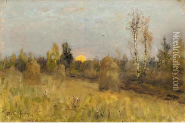Twilight Over The Haystacks Oil Painting - Iulii Iul'evich (Julius) Klever