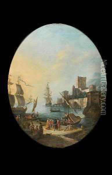A Mediterranean Harbour With 
Elegant Figures And Stevedores On A Quay, Moored Shipping Beyond Oil Painting - Adriaen Manglard