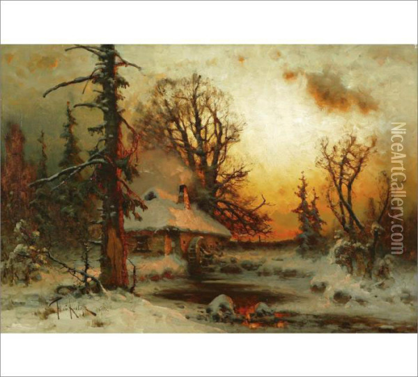 Mill In Winter Oil Painting - Iulii Iul'evich (Julius) Klever