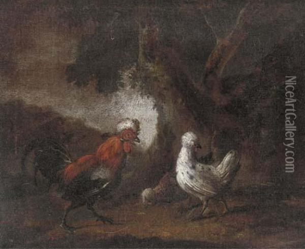Foraging Chickens Oil Painting - Melchior de Hondecoeter