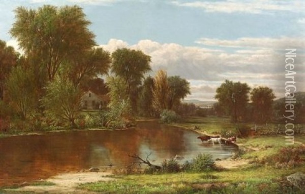 The River's Edge, Cattle Watering Oil Painting - Charles Wilson Knapp