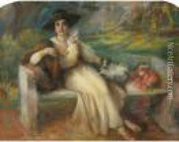 Donna Con Cagnolino In Giardino Oil Painting - Giuseppe Pennasilico