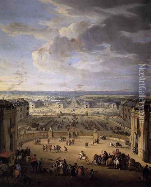 The Stables Viewed from the Chateau at Versailles 1688-90 Oil Painting - Jean-Baptiste Martin (Des Batailles)