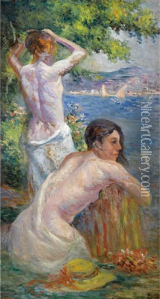 Saint Tropez, Deux Femmes Devant Le Golfe Oil Painting - Maximilien Luce