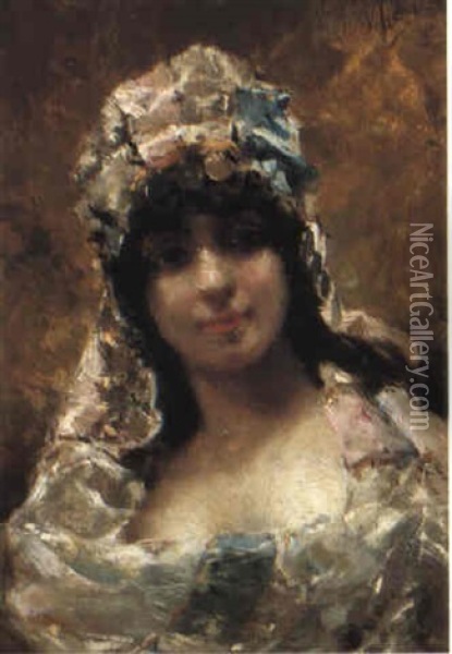 Portrait Of A Lady With A Lace Bonnet Oil Painting - Vincenzo Irolli
