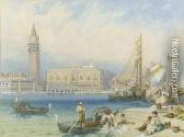 St Mark's And The Ducal Palace 
From San Giorgio; And San Giorgiofrom The Ducal Palace, Venice Oil Painting - Myles Birket Foster