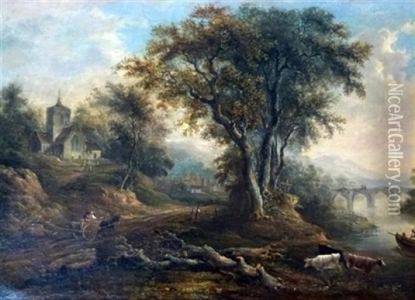 Landscape With Cattle, Church And Figures On A Bridge In The Distance Oil Painting - Patrick Nasmyth