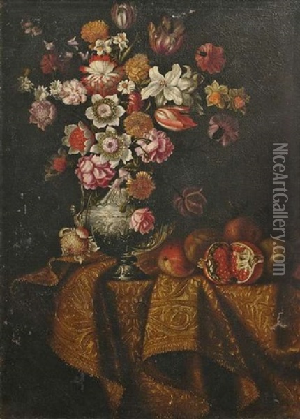 Stilleben Mit Blumen Und Fruchten Auf Einem Tisch, Der Von Einem Teppich Bedeckt Wird Oil Painting - Antonio Gianlisi