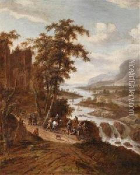 Eine Weite Flusslandschaft Mit Reisenden Oil Painting - Dionys Verburgh
