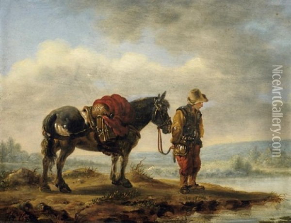 Am Flusufer. Junger Reisender Mit Seinem Pferd An Einer Furt Oil Painting - Aelbert Cuyp