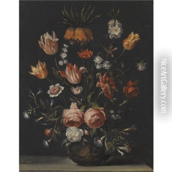 Still Life With Tulips, Roses, Petunias And Other Flowers In A Vase Resting On A Stone Plinth Oil Painting - Hieronymus Galle the Elder