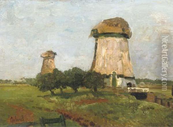 Les Deux Invalides: Mills In A Polder Landscape Oil Painting - Paul Joseph Constantine Gabriel