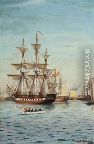 Copenhagen Harbour With Sailing Ships Oil Painting - Johan Jens Neumann