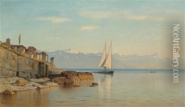 Bord Du Lac A Rivaz (lakeshore At Rivaz) Oil Painting - Auguste Louis Veillon