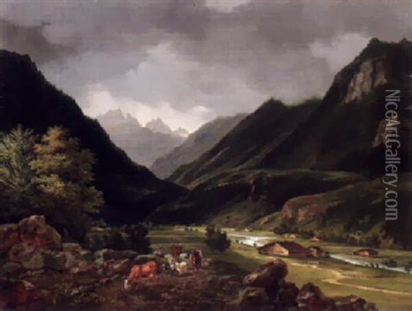 Ziehende Hirten In Einem Tal In Den Osterreichischen Alpen Oil Painting - Johann Knapp