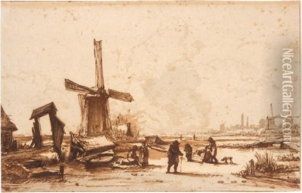 Landscape With Windmills On The Outskirts Of Amsterdam Oil Painting - Jan Hulswit