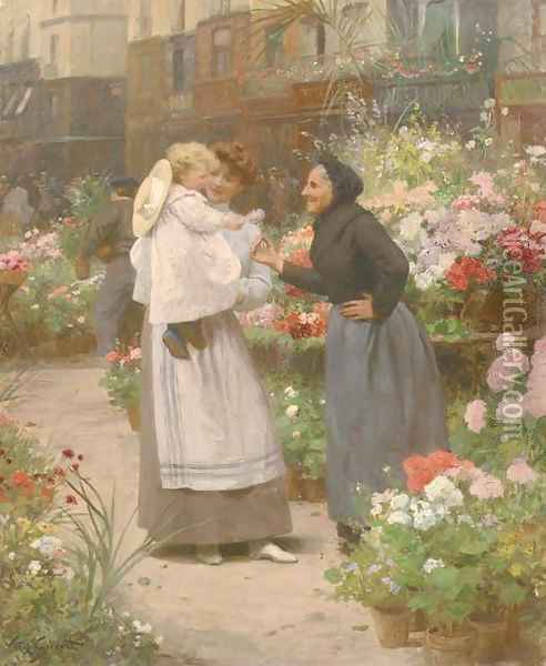 A Flower Seller Offering a Flower to a Child Oil Painting - Victor-Gabriel Gilbert