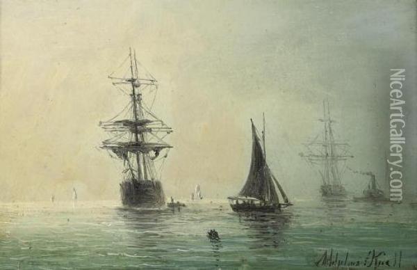 The Anchorage At Dawn (illustrated); And Towing Out At Dusk Oil Painting - Adolphus Knell