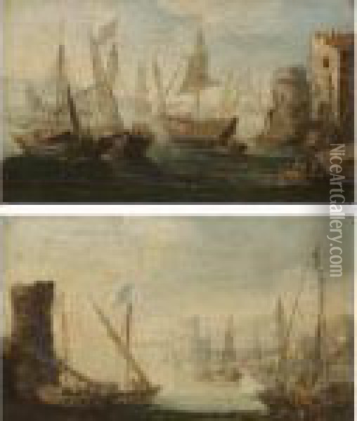 A Pair Of Mediterranean Harbour Scenes Oil Painting - Orazio Grevenbroeck